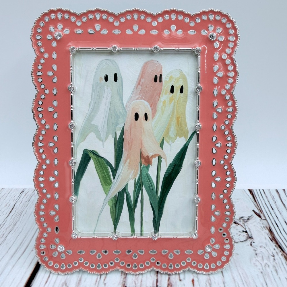 Original Ghost Flowers Print Pink Scalloped Rhinestone Frame Decor 6x4.5‎